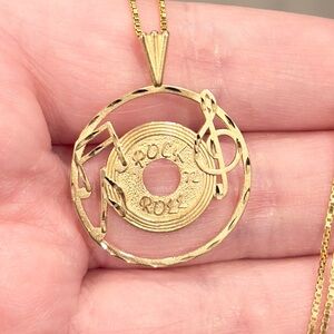 14K Rock N Roll Record Pendant, Vintage 50’s Style, Music Note, Filigree